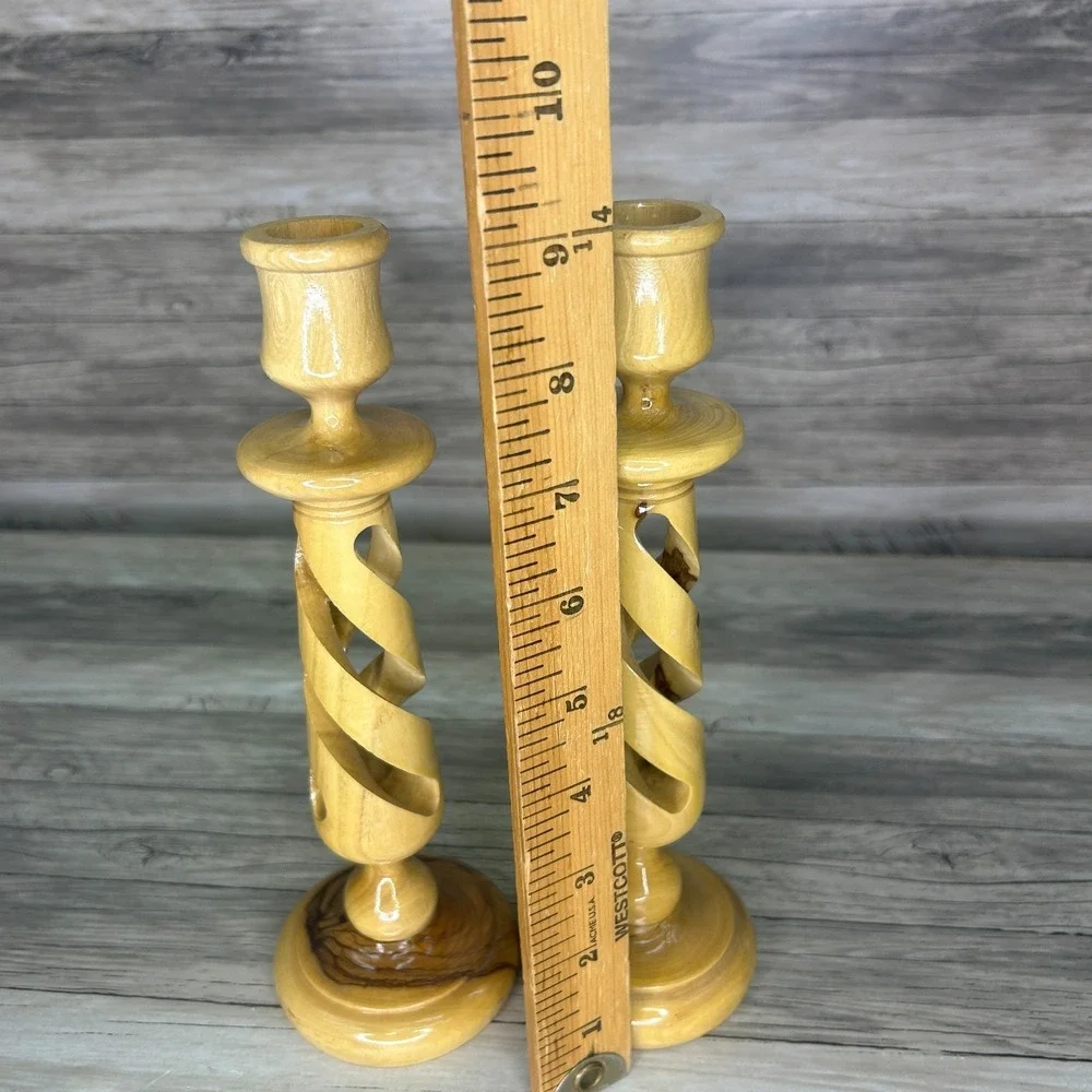 Bethlehem Candle Stick Holders Hand Carved Olive Wood‎ Spiral Pair 2 Set Israel